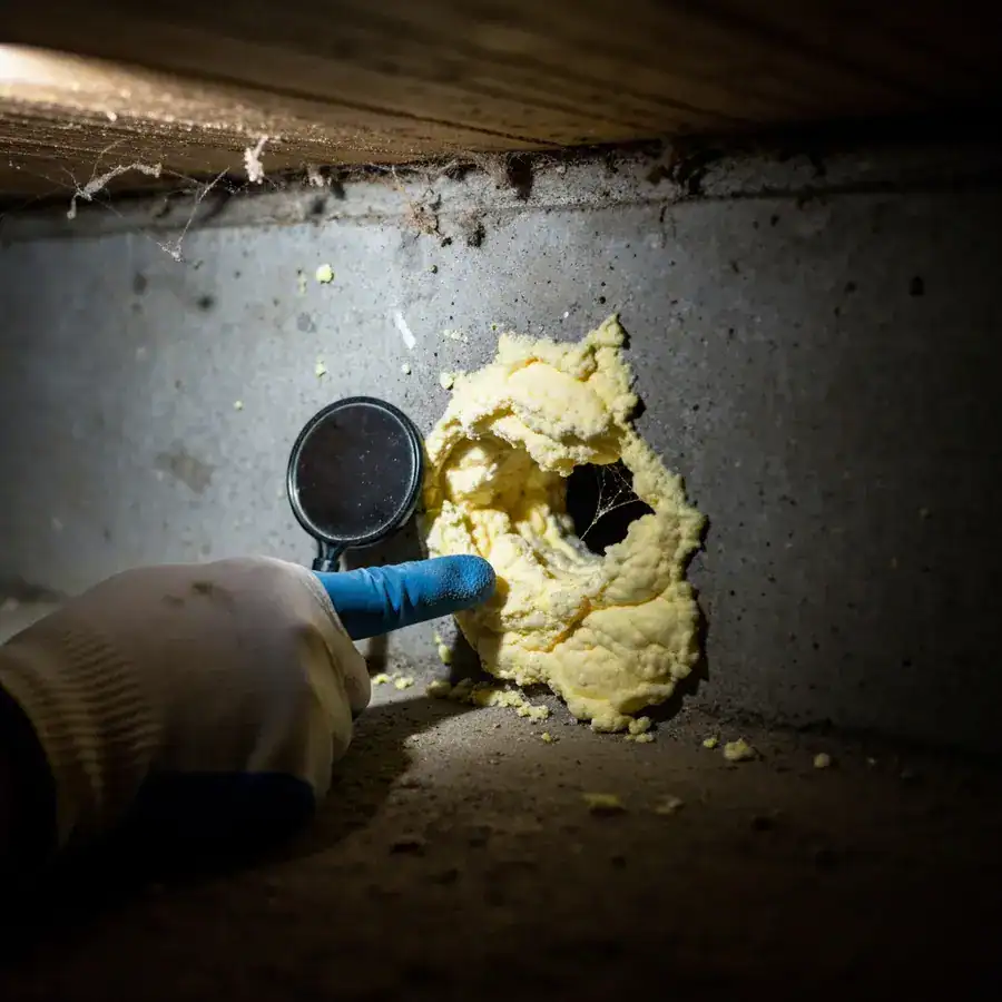 Gloved hand pointing at a rodent hole chewed through brittle spray foam along a dark concrete house foundation.