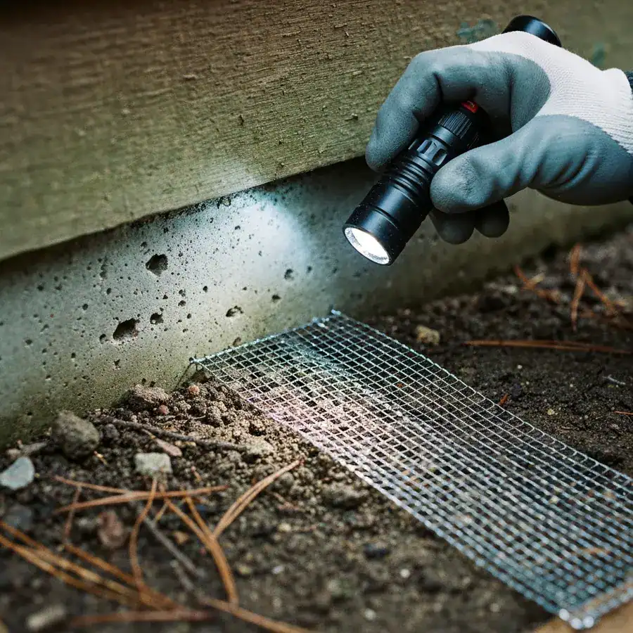 Gloved hand installing a steel mesh barrier into a concrete foundation gap against a weathered exterior wall.