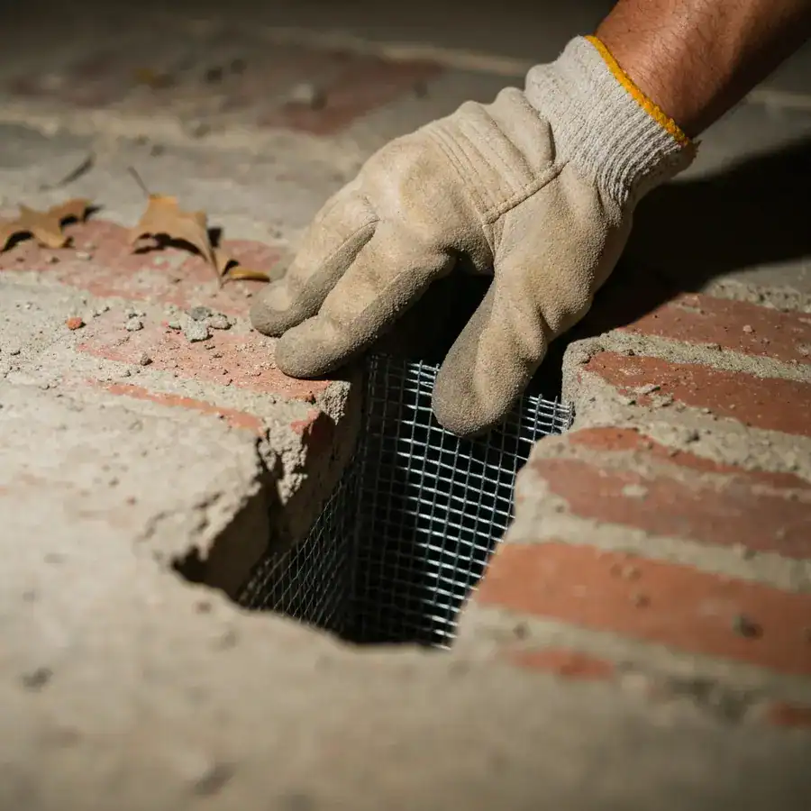 Close-up of 1/4-inch galvanized steel mesh being installed into a foundation gap for permanent pest exclusion.