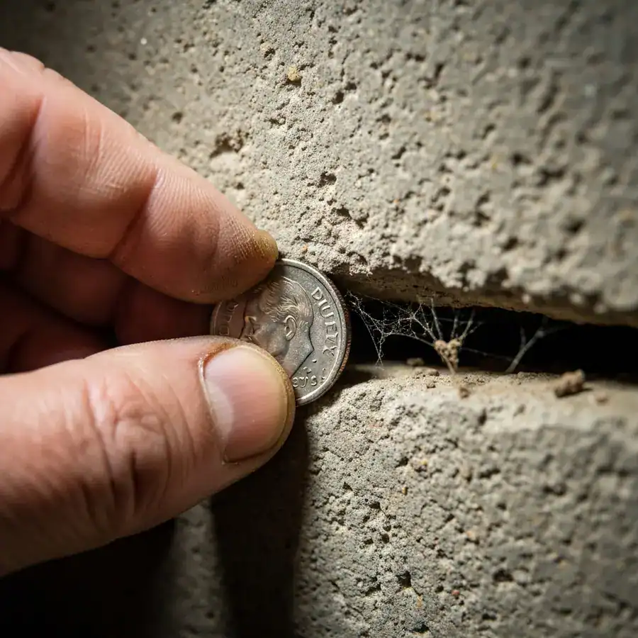 Hand holding a dime against a narrow foundation crack to show a mouse entry point in a concrete wall.