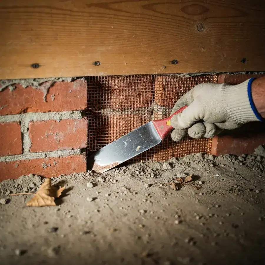Gloved hand wedging copper mesh into a jagged brick gap against a dusty residential foundation.