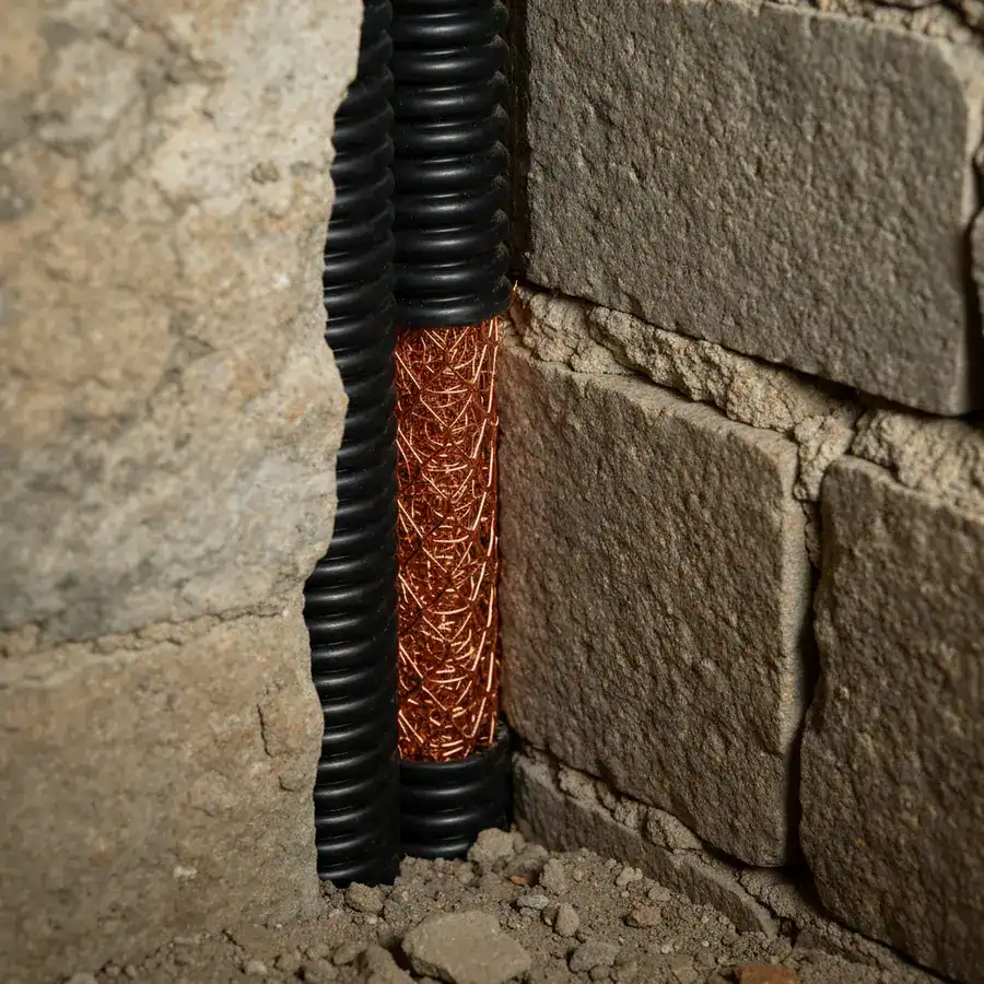 Gloved hand packing copper mesh into a gap around a utility pipe penetration in a weathered brick foundation.