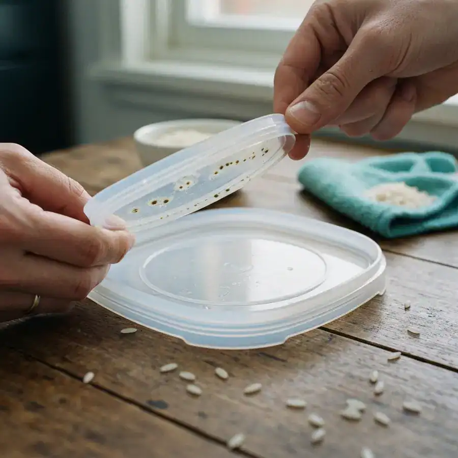 Close-up of a damp silicone gasket with mold spots being removed from a container lid on a kitchen counter.