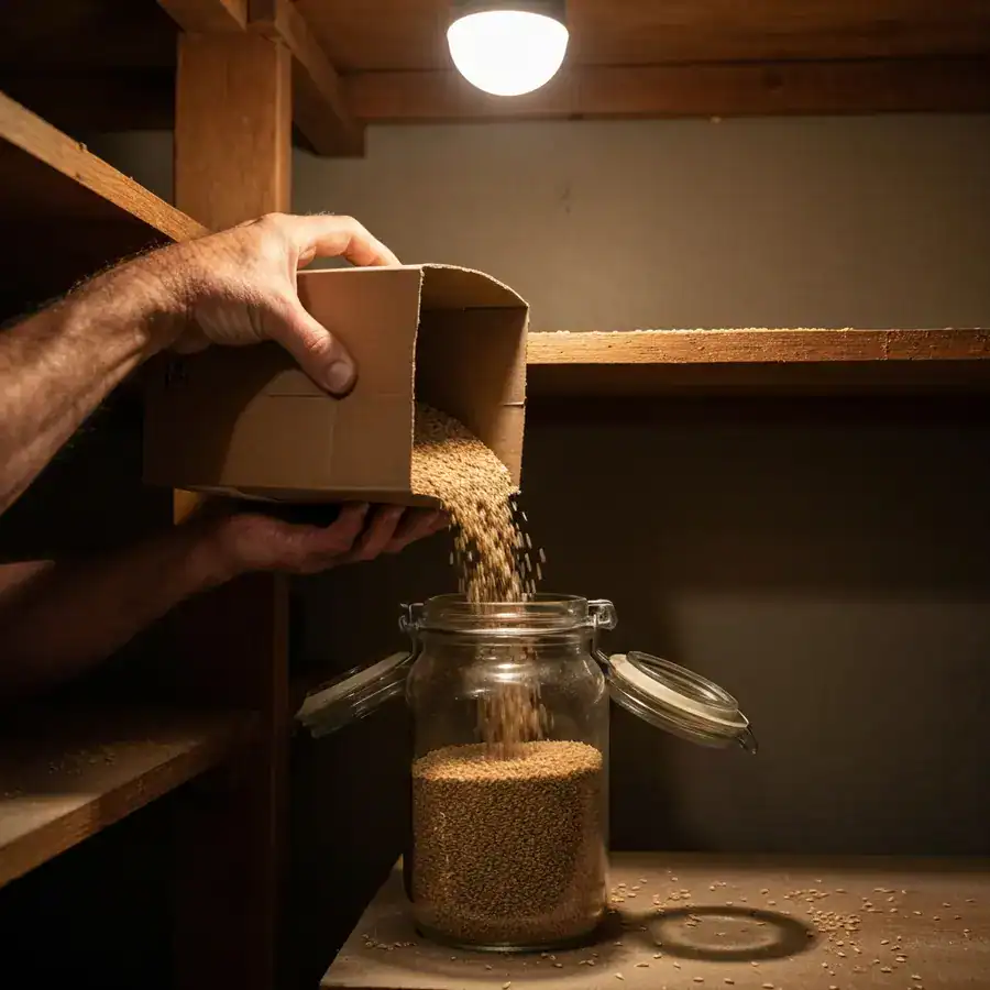 Close-up of hands pouring grain from cardboard into a glass jar on a dusty wooden pantry shelf.