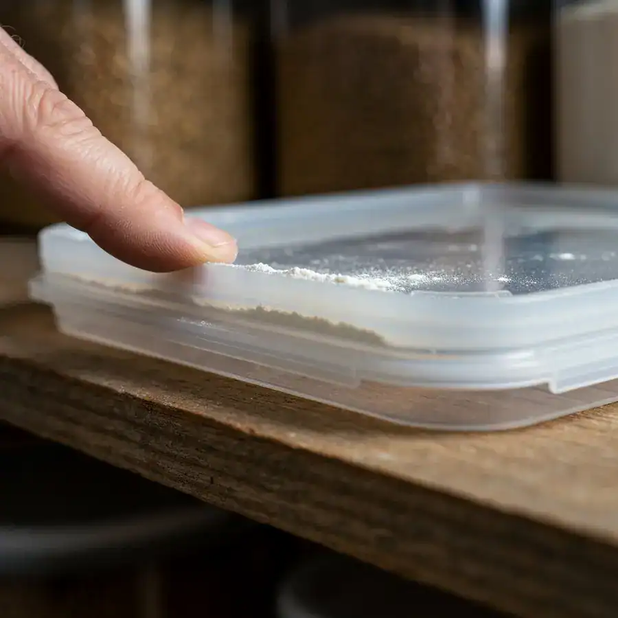 Close-up of flour dust clogging a silicone gasket seal on a container lid, preventing a vacuum seal in a pantry.