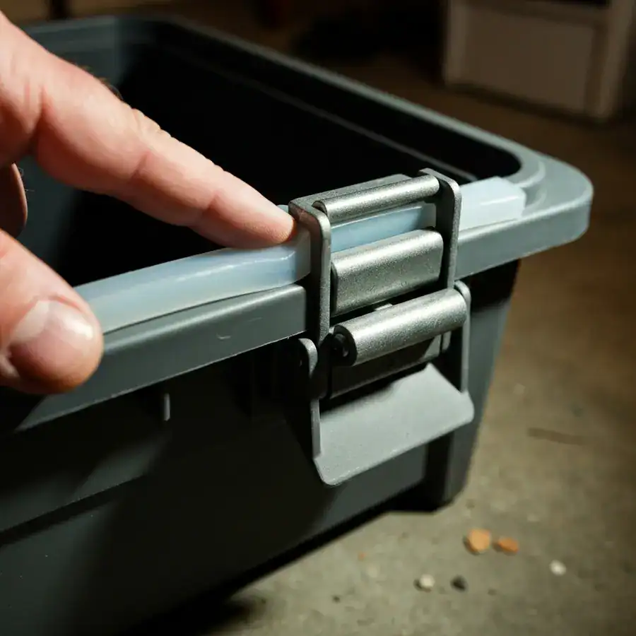Close-up of a thick silicone gasket and heavy-duty latch on a bulk storage bin in a gritty utility room.