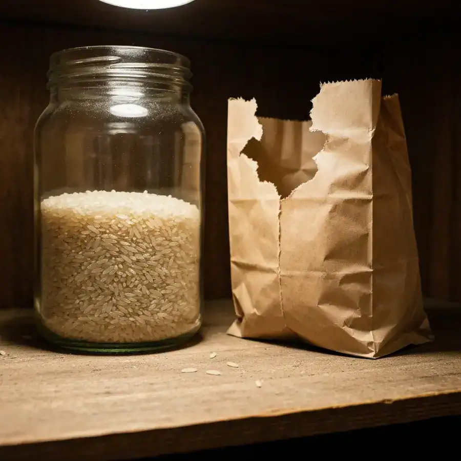 Thick borosilicate glass jar and a shredded paper bag on a dusty wooden pantry shelf.