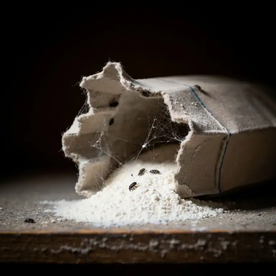 Close-up of a torn cardboard flour bag with insect damage and moth webbing on a dark pantry shelf.