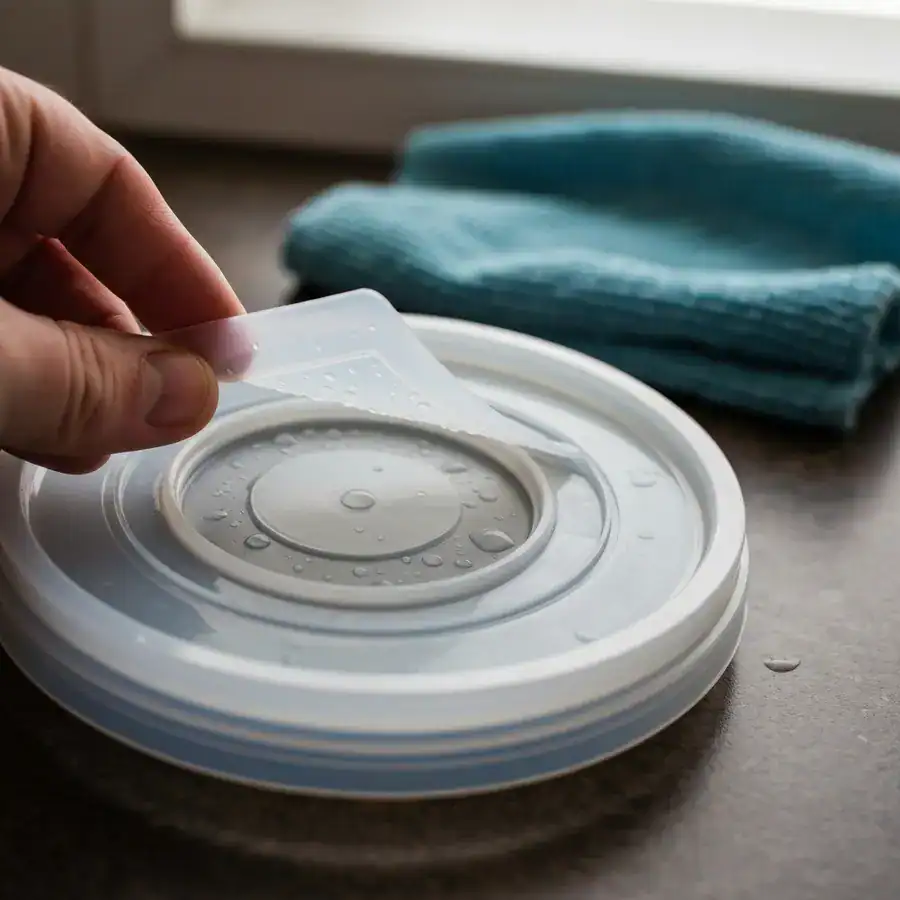 Silicone gasket being pulled from a container lid to inspect for trapped moisture on a kitchen counter.