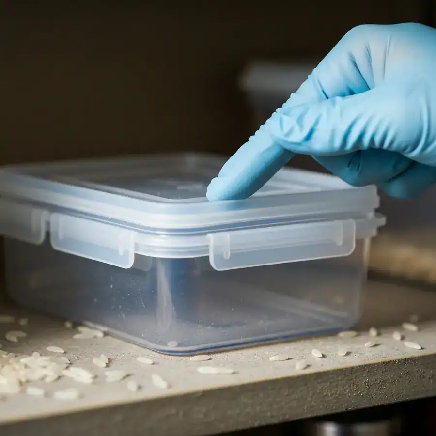 Gloved hand testing a container's silicone seal for airtightness on a dusty pantry shelf with scattered rice grains.