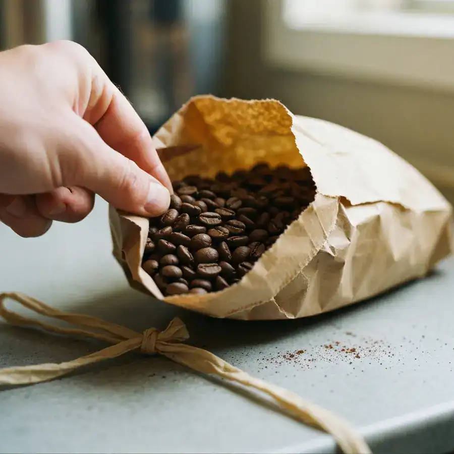 Close-up of fingers inspecting dry coffee beans inside a torn paper bag on a cluttered kitchen counter.