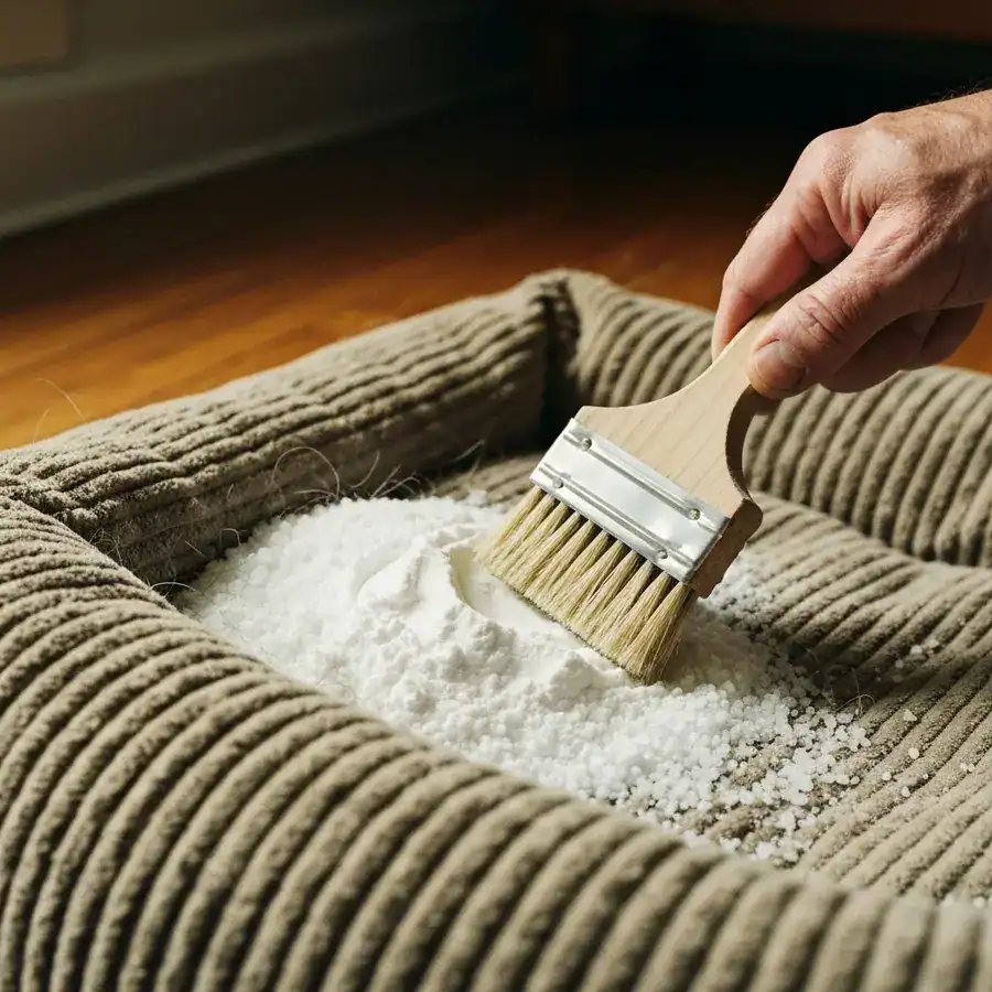 Hand brushing baking soda and salt into the deep fibers of a textured pet bed on a wooden floor.