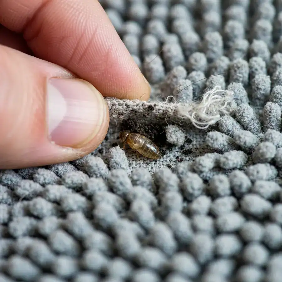 Close-up of a technician inspecting a pet bed seam for flea debris under high-contrast flashlight.