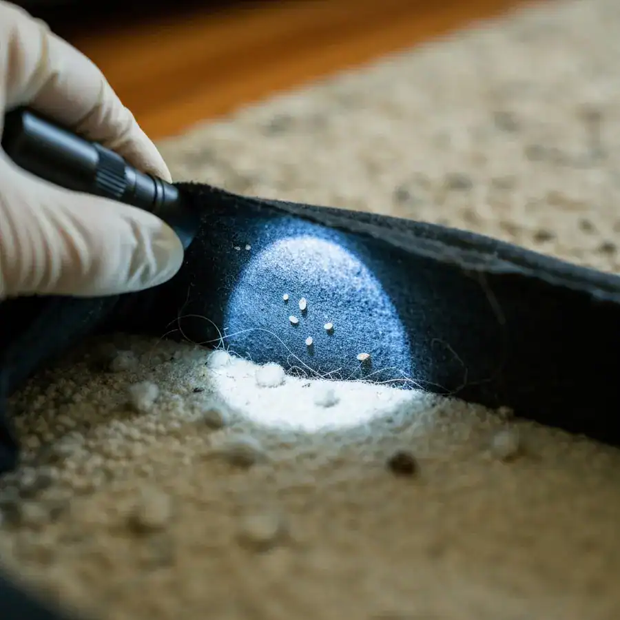 Technician pulling back a pet bed seam to reveal flea eggs and organic residue under a flashlight beam.