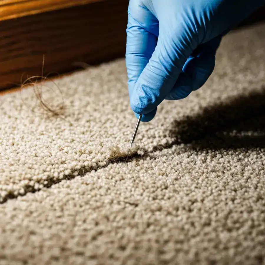 Gloved hand parting thick carpet fibers to inspect for hidden pests in a dimly lit room.
