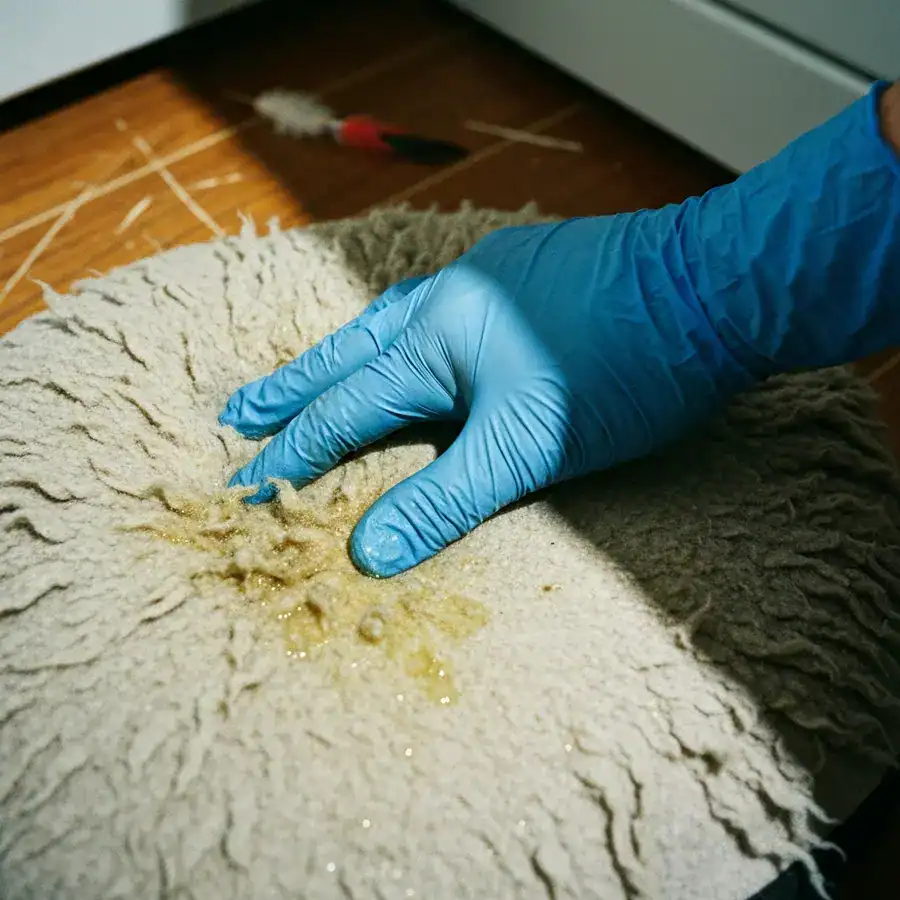 Gloved hand inspecting damp residue on a matted fleece cat bed in a dimly lit laundry room.
