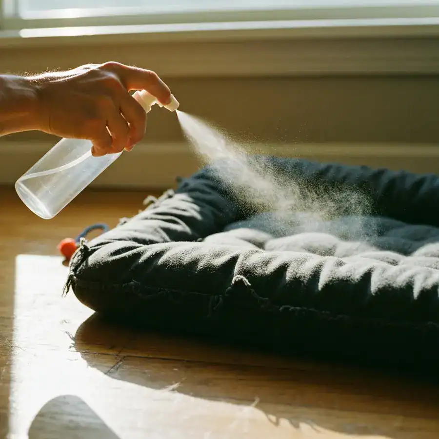 Close-up of a hand spraying a fine mist onto the underside of a pet bed cushion in a sunlit room.