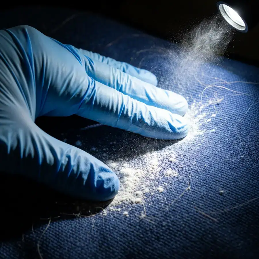 Gloved hand touching fine white powder residue on a textured pet bed under a harsh diagnostic flashlight beam.