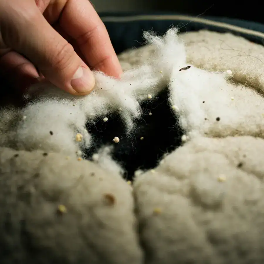 Close-up of a hand inspecting the internal stuffing of a used dog bed for hidden flea larvae and debris.