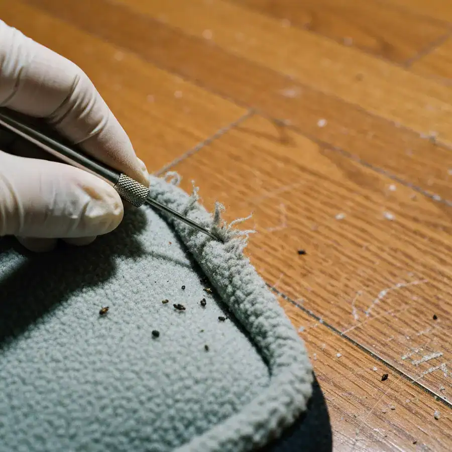 Gloved hand inspecting flea dirt in a pet bed seam on a dusty hardwood floor.