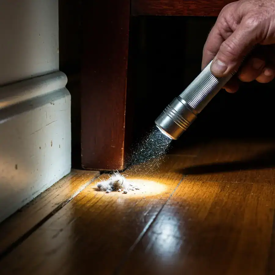 Flashlight beam illuminating dust and pet hair in a floorboard gap next to a baseboard under furniture.