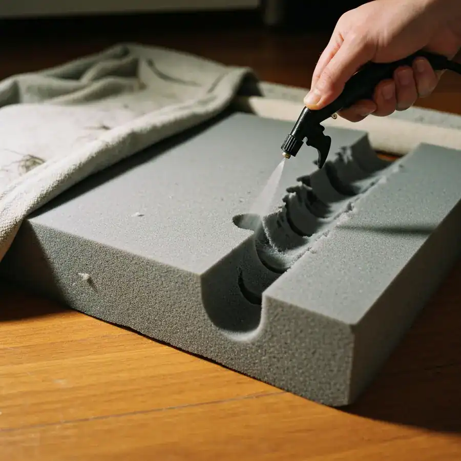 Close-up of a spray nozzle saturating the deep crevices of a foam pet bed insert on a hardwood floor.