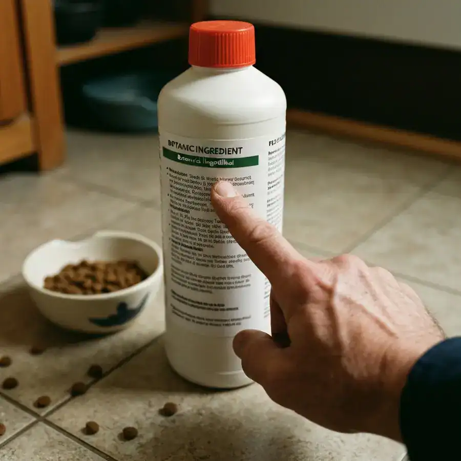Close-up of a hand pointing at a botanical pesticide label next to a cat bowl on a scuffed mudroom floor.