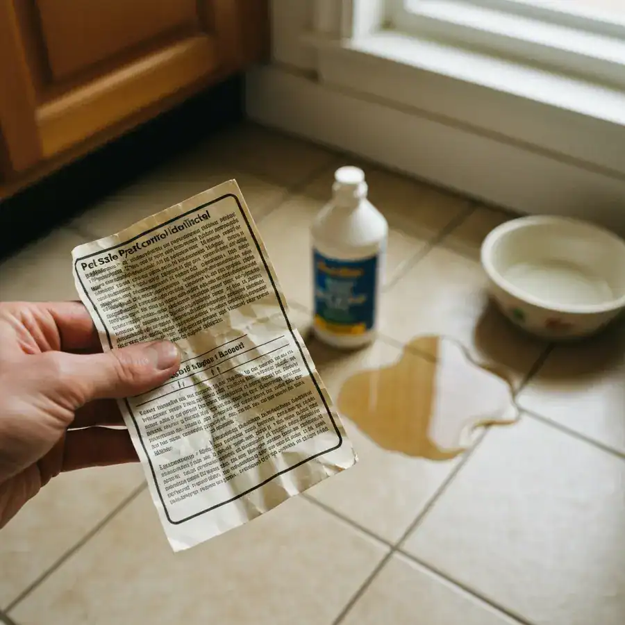 Hand holding a crumpled pesticide label over a chemical spill on a kitchen floor near a pet water bowl.