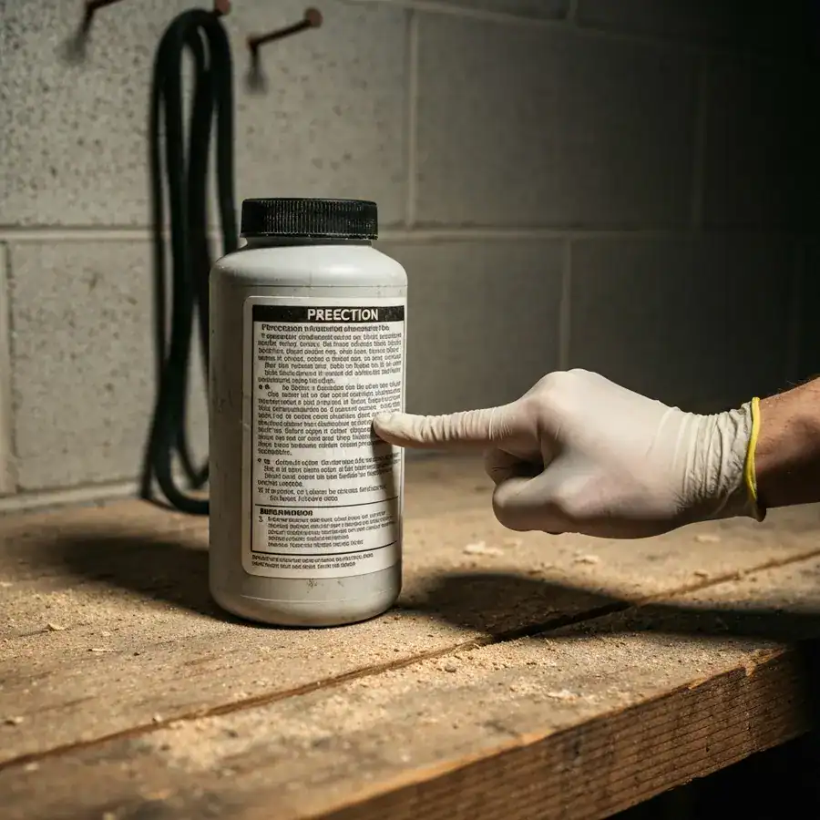 Gloved finger pointing to a pesticide label on a dusty wooden workbench next to a hanging pet leash.