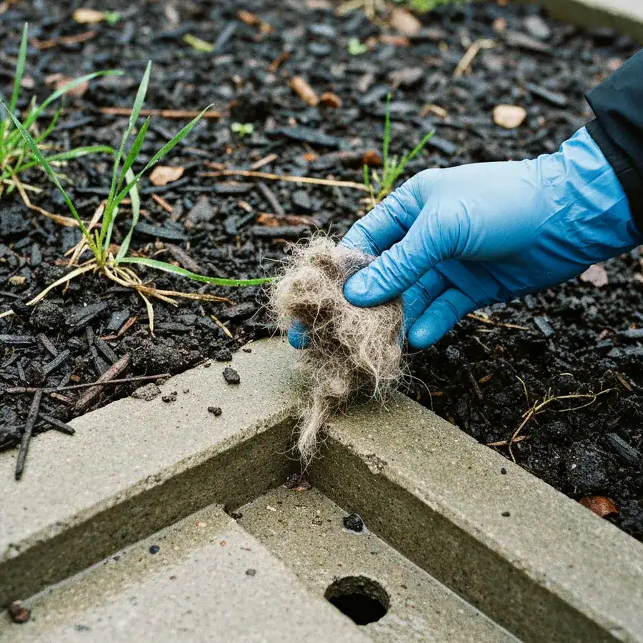 Nitrile-gloved hand collecting matted pet hair from a damp garden runoff drain with dark soil.