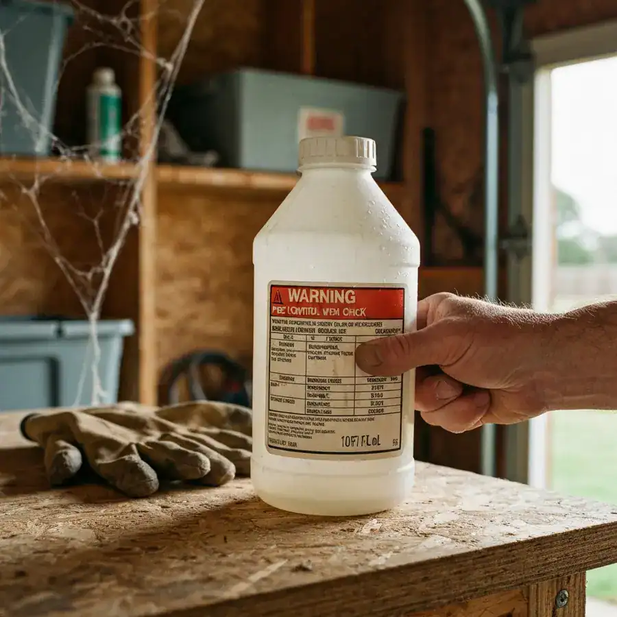 Close-up of a hand pointing to the warning section on a worn pesticide bottle label in a dim, dusty garage.
