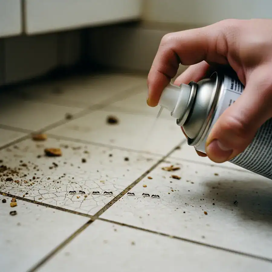 Close-up of an insecticide spray can aimed at ants on a dirty kitchen floor. Evidence of improper pest control.