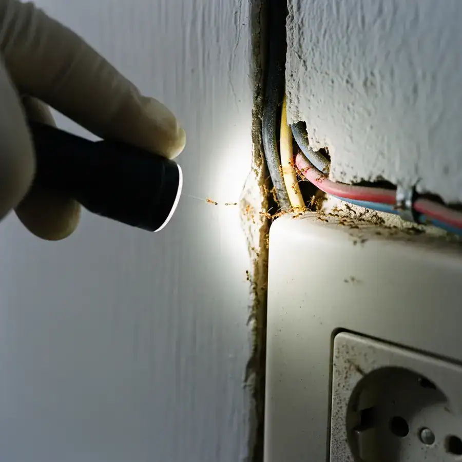 Close-up of ant trail. Ants climbing cabinet near water stains, illuminated by flashlight during inspection.

A technician's hand carefully placing a small, discreet bait station near a crack in a baseboard, surrounded by dust bunnies and loose threads. Documentary-style handheld shot on 35mm film. Aperture f/2.8. Slight organic film grain, sharp focus on the bait station and crack. Soft, cold light from a nearby basement window.
