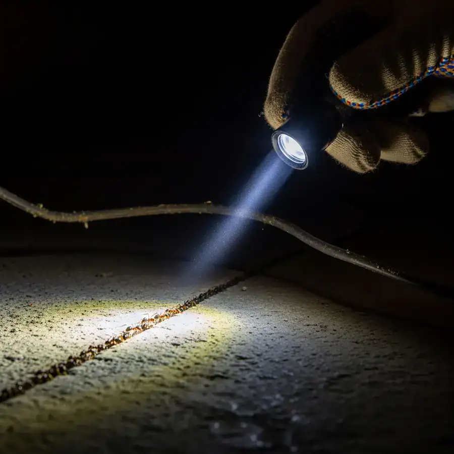 Close-up of ant trail disappearing into a crack. Technician inspecting basement with flashlight for pharaoh ant budding.