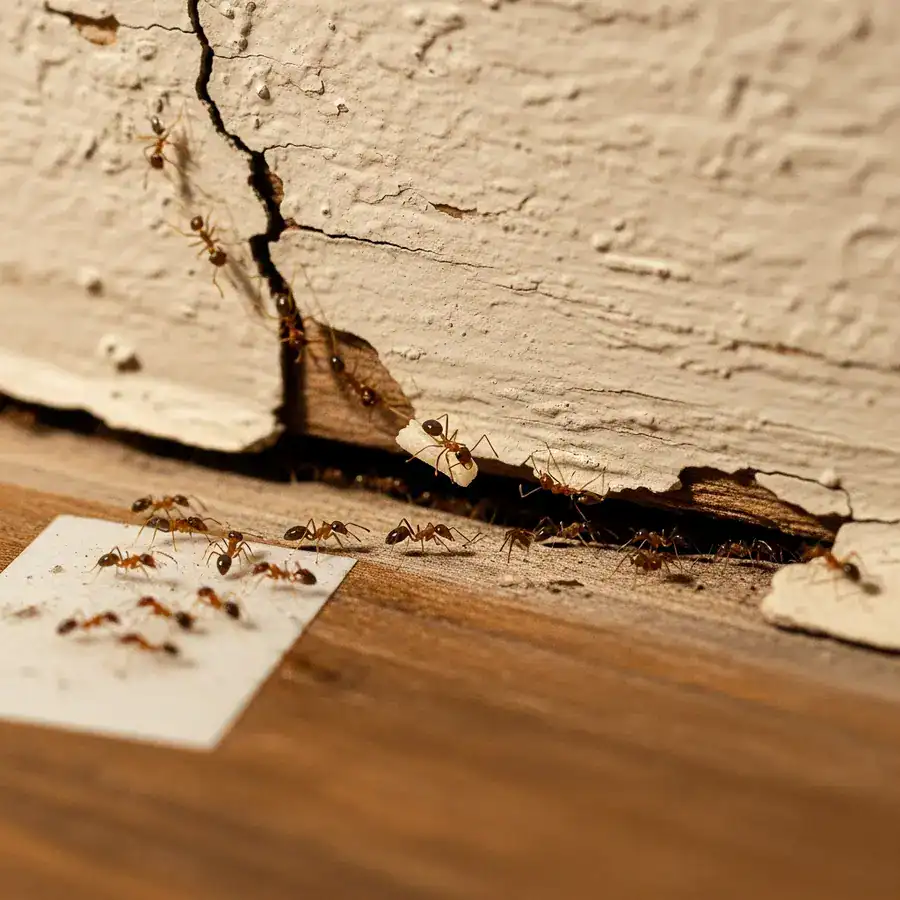 Close-up of gloved hand inspecting a dark crack in baseboard with a flashlight. Crumbs and dust visible on the floor.