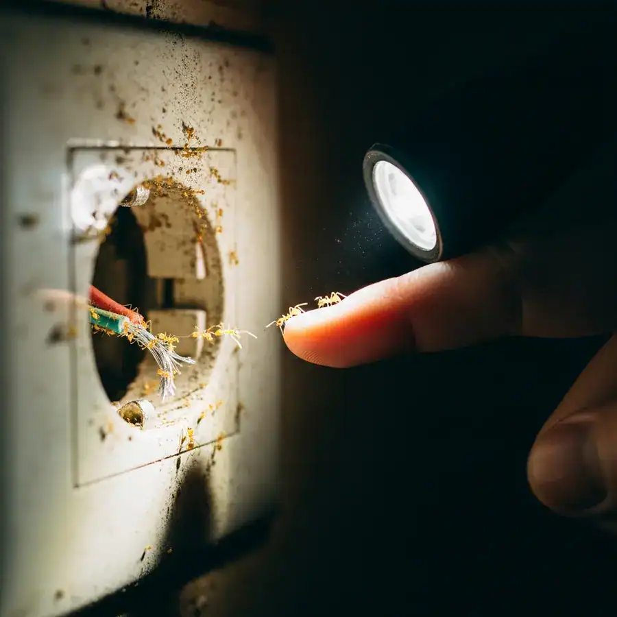 Close-up of ants trailing into outlet; technician inspects wiring for infestation in dimly lit, cluttered wall space.