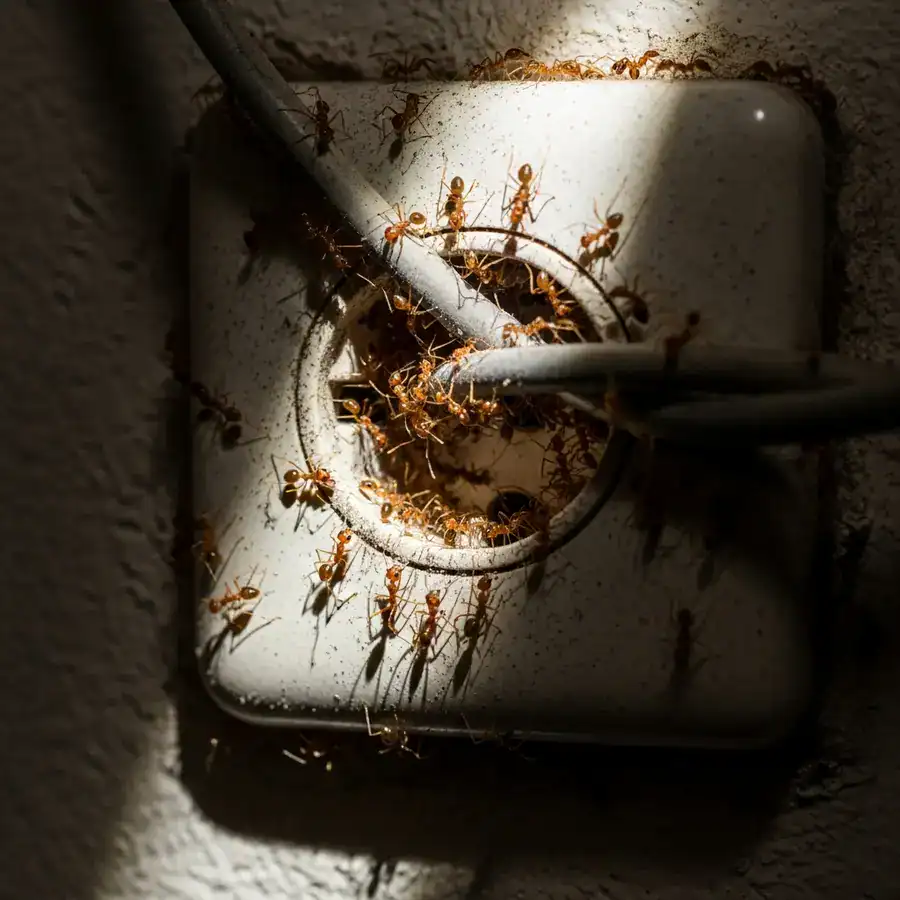 Close-up of ants swarming an electrical socket. Infestation spreading in a cluttered, dusty home environment.