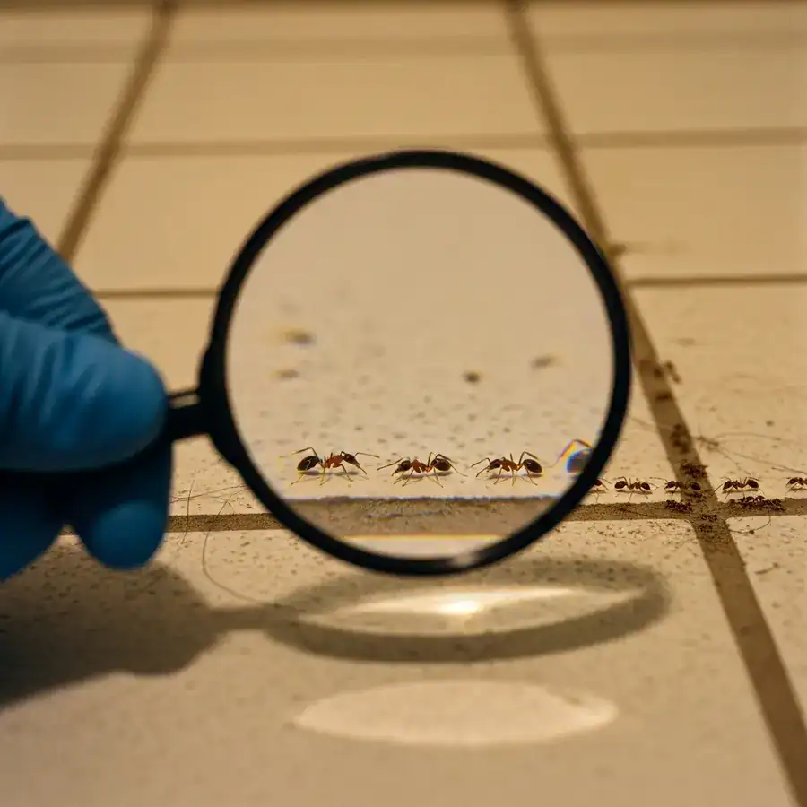 Close-up of pharaoh ants swarming from a crack. Flashlight inspection of a dirty linoleum floor.