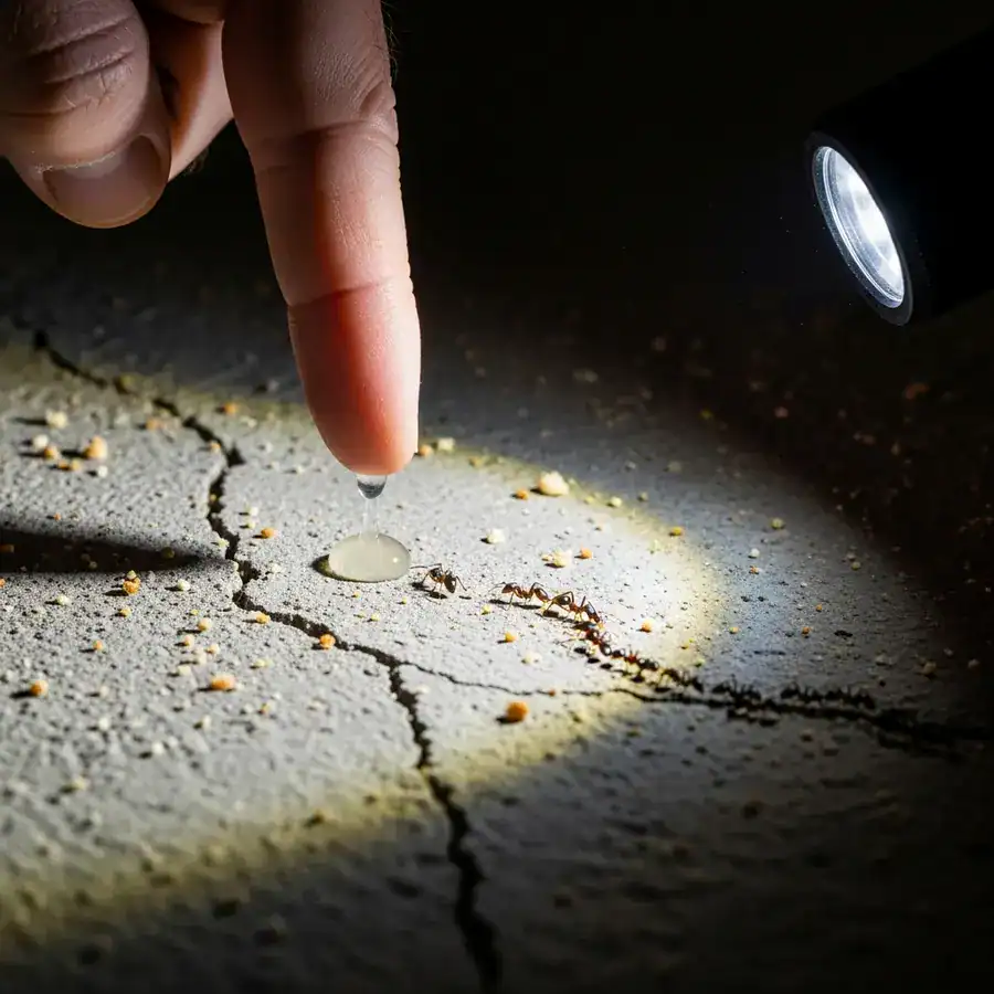 Close-up of gel bait being placed beside ant trail on dusty concrete. Flashlight highlights the application area.