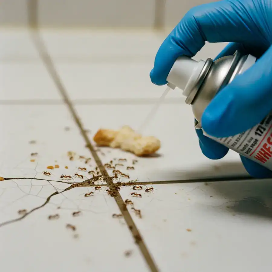 Close-up of pesticide spray aimed at ants; kitchen setting. Triggering pharaoh ant budding, making infestation worse.