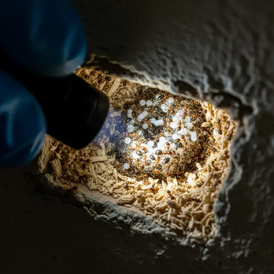 Close-up of ant nest shows eggs, larvae, & workers illuminated by flashlight in dusty wall void, sign of pharaoh ant budding.