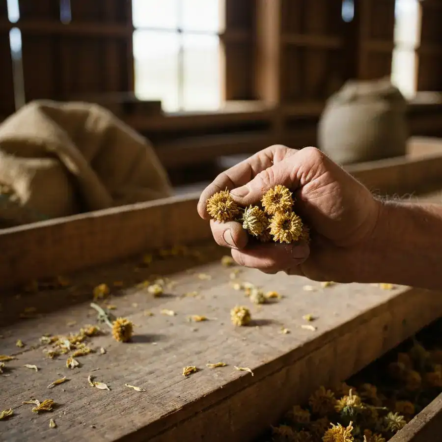 Close-up of a weathered hand holding dried chrysanthemum seed cases over a dusty wooden farm workbench.