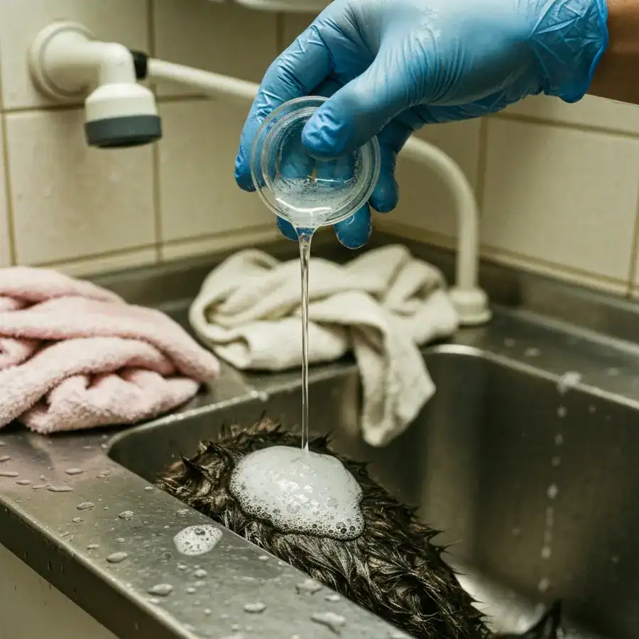 Gloved hand pouring dish soap onto wet animal fur during emergency decontamination in a utility sink.