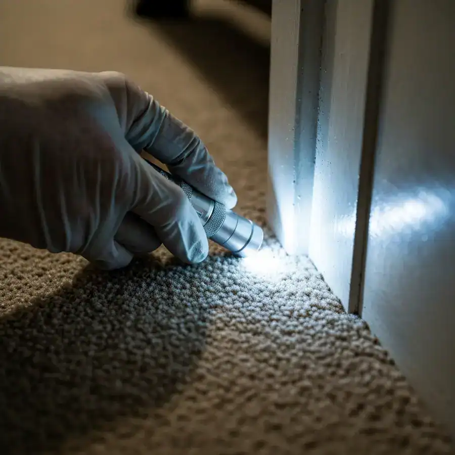 Nitrile-gloved hand pointing a flashlight at a carpet edge and baseboard for a synthetic residual barrier inspection.