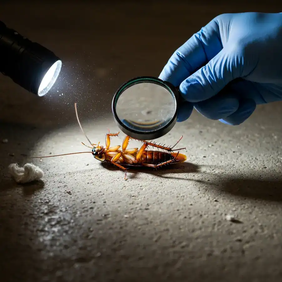 Gloved hand inspecting a cockroach on its back on a dusty concrete floor under a magnifying glass.
