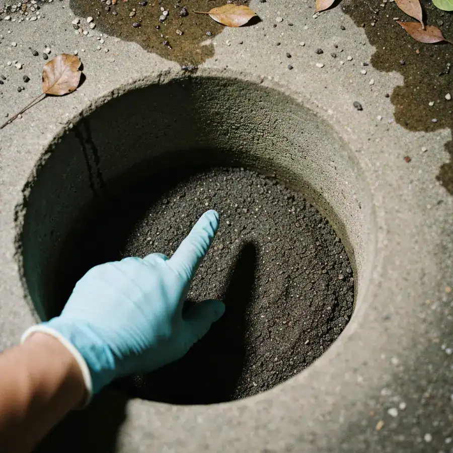 Gloved hand pointing at damp sediment inside a cracked concrete storm drain.