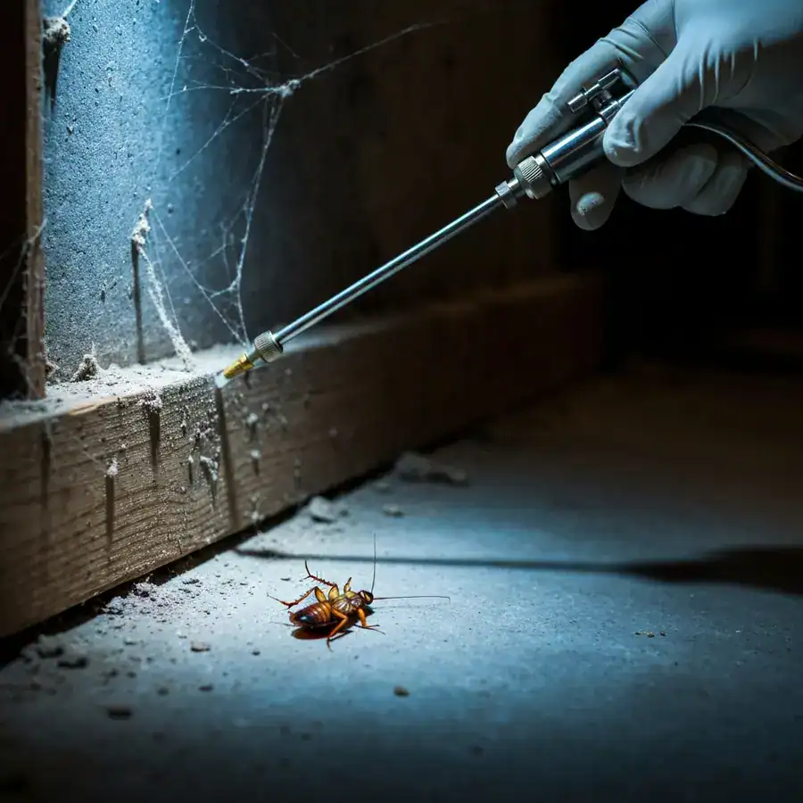 Gloved hand applying liquid pesticide to a baseboard near a paralyzed cockroach in a dim, dusty basement.