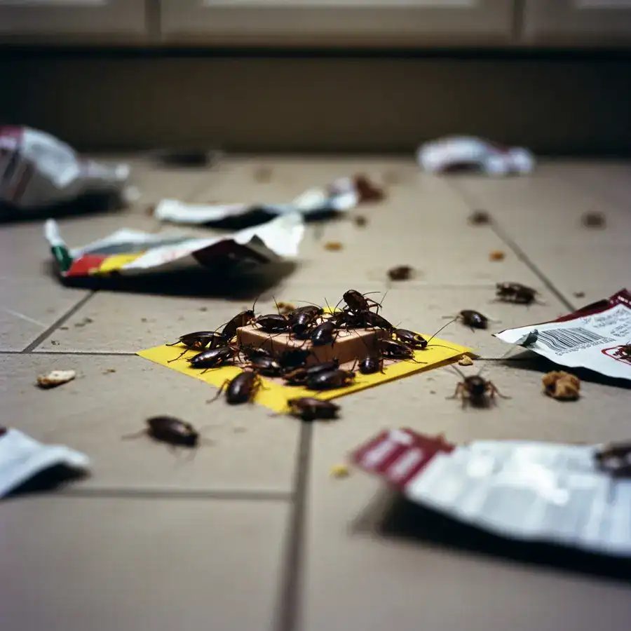 Close-up of cockroach droppings. Flashlight reveals unsanitary kitchen: crumbs and stains.