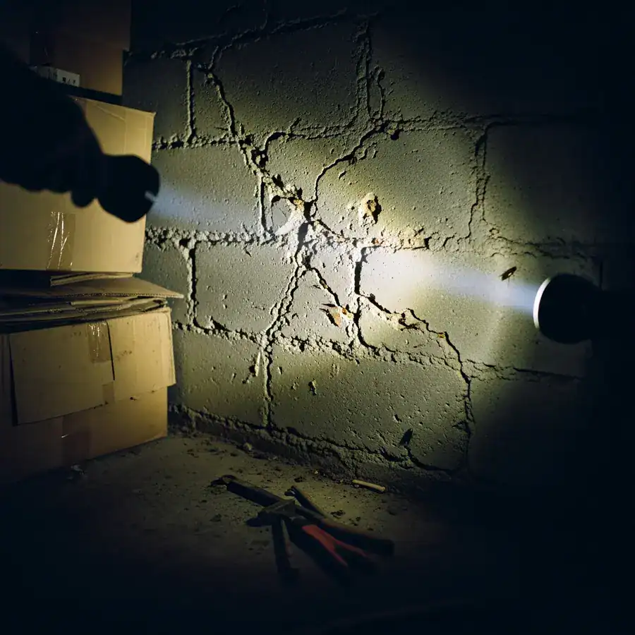 Close-up of cracked foundation wall illuminated by flashlight. Potential roach hiding spots in damp, cluttered basement.