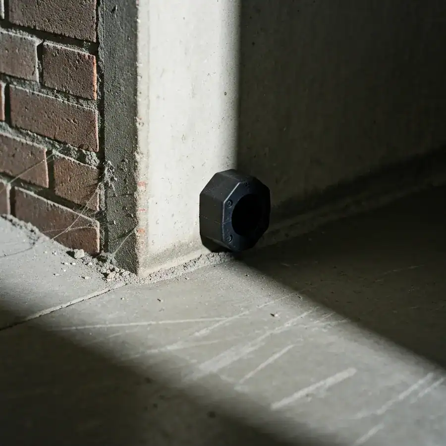 Black bait station positioned flush against a dusty warehouse wall to target rodent runways.